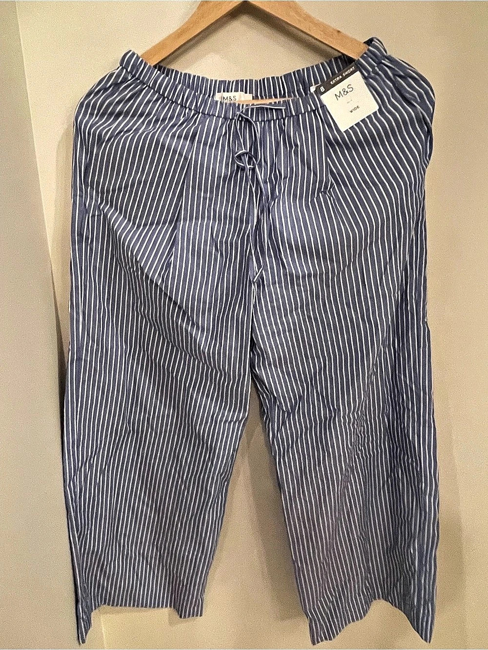 M&S Extra Short Wide Leg Striped Pants in Blue & White Size 8 NWT